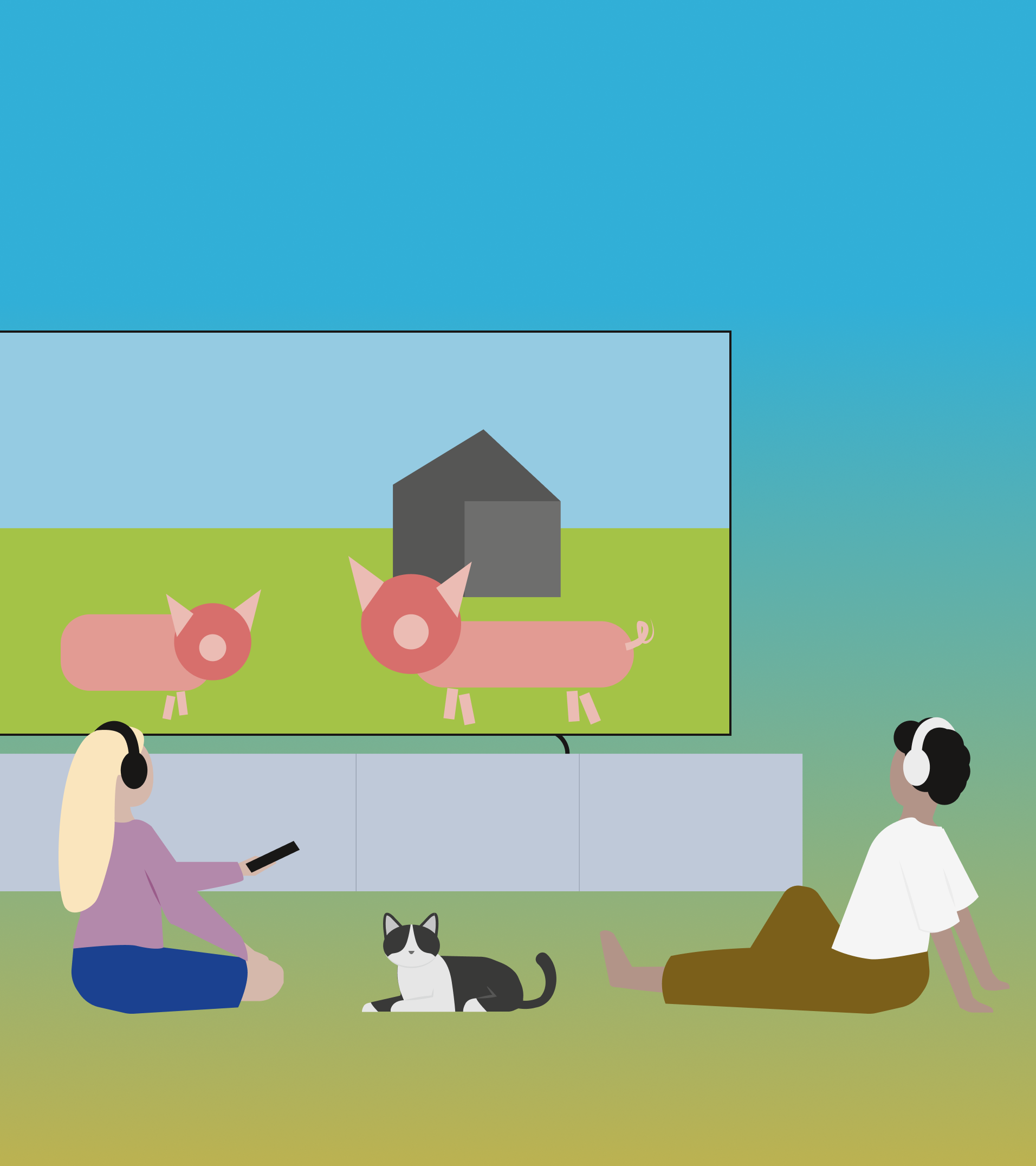 Illustration einer Familie beim gemeinsamen Streaming im Wohnzimmer