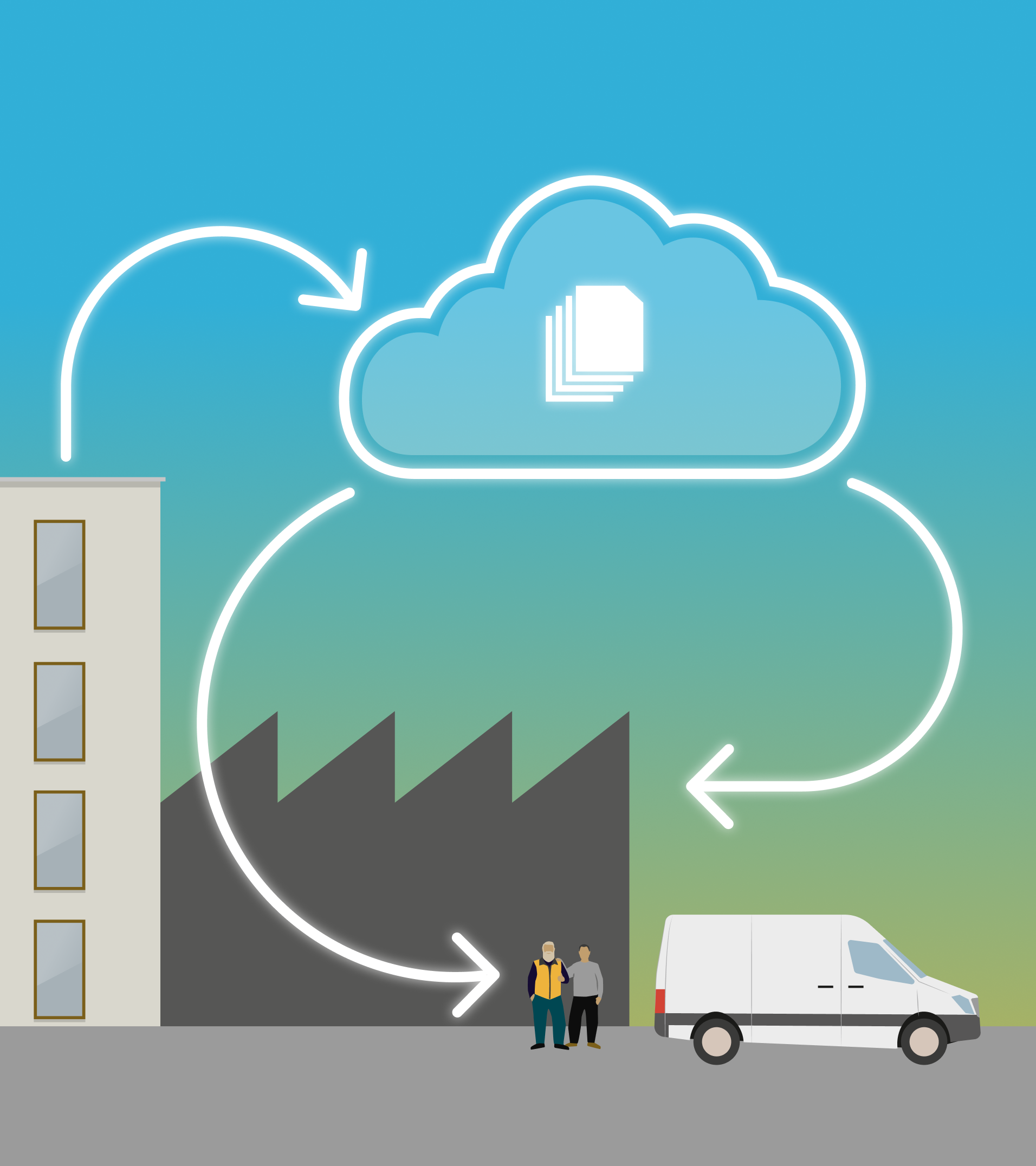 Illustration eines Unternehmensgebäudes mit Cloud-Anbindung und digitalen Diensten